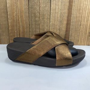 Fitflop Lulu Cross Glitz Slide Sandals Bronze Brown Womens 9